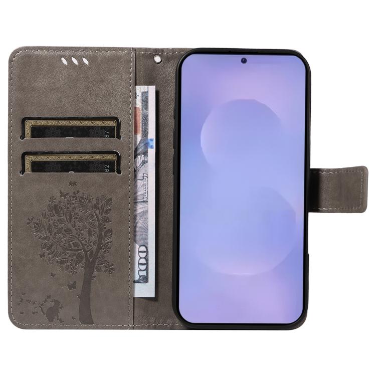 For Galaxy S26+ 5G Tree & Cat Embossed Pattern Flip Leather Phone Case