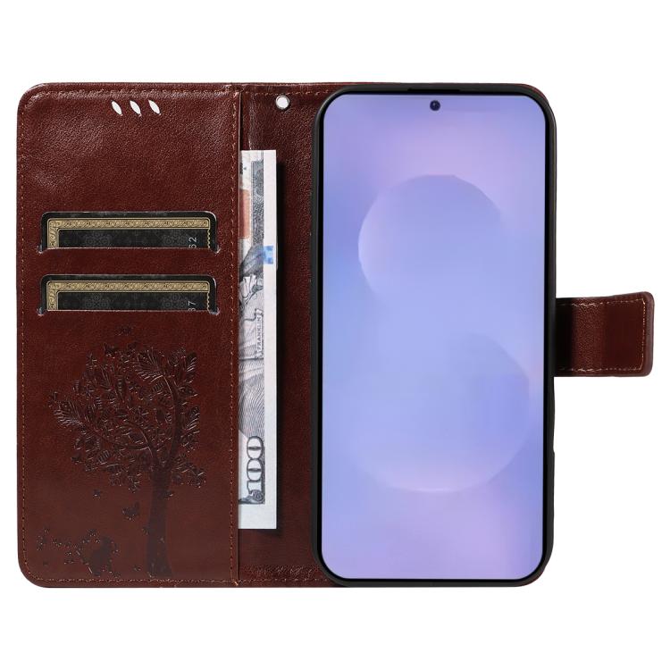 For Galaxy S26+ 5G Tree & Cat Embossed Pattern Flip Leather Phone Case