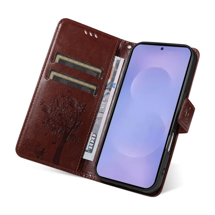 For Galaxy S26+ 5G Tree & Cat Embossed Pattern Flip Leather Phone Case