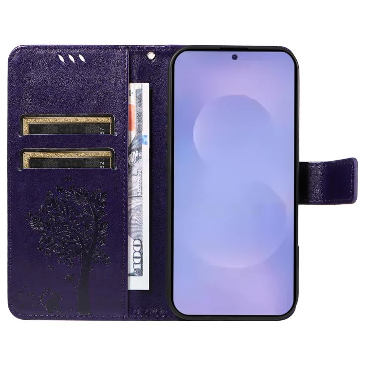 For Galaxy S26+ 5G Tree & Cat Embossed Pattern Flip Leather Phone Case