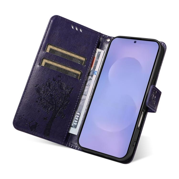 For Galaxy S26+ 5G Tree & Cat Embossed Pattern Flip Leather Phone Case