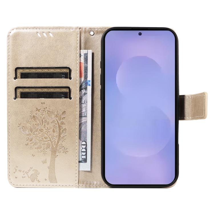 For Galaxy S26+ 5G Tree & Cat Embossed Pattern Flip Leather Phone Case