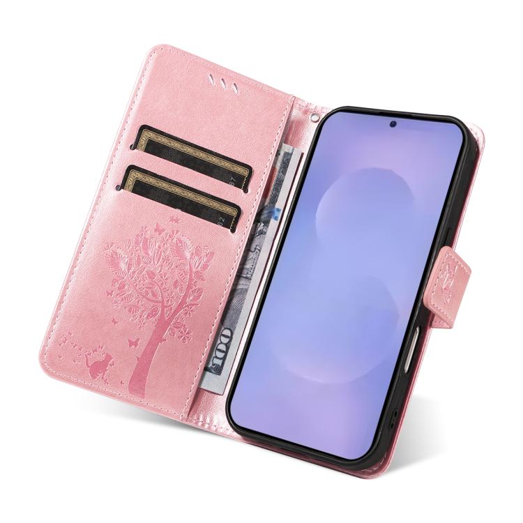 For Galaxy S26+ 5G Tree & Cat Embossed Pattern Flip Leather Phone Case