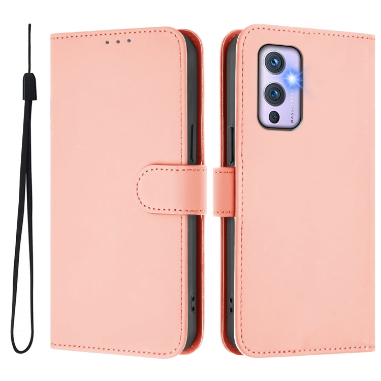 For OnePlus 9 Skin Feel Solid Color Leather Phone Case with Lanyard