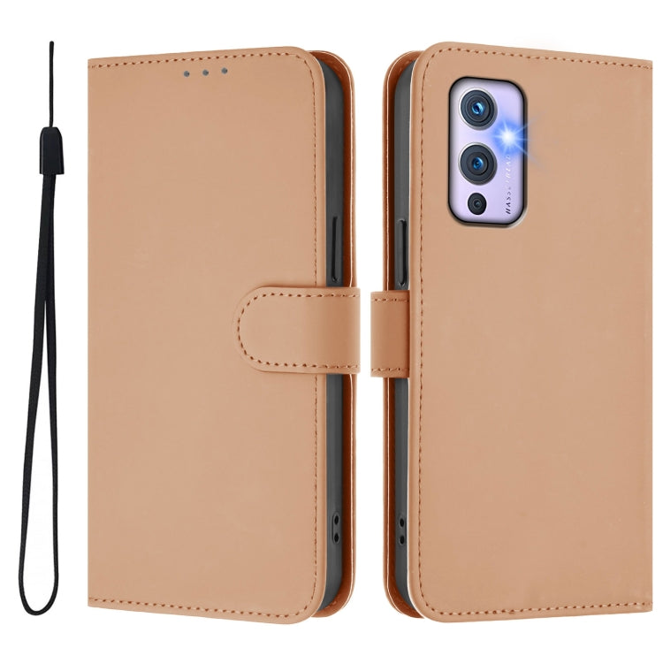For OnePlus 9 Skin Feel Solid Color Leather Phone Case with Lanyard