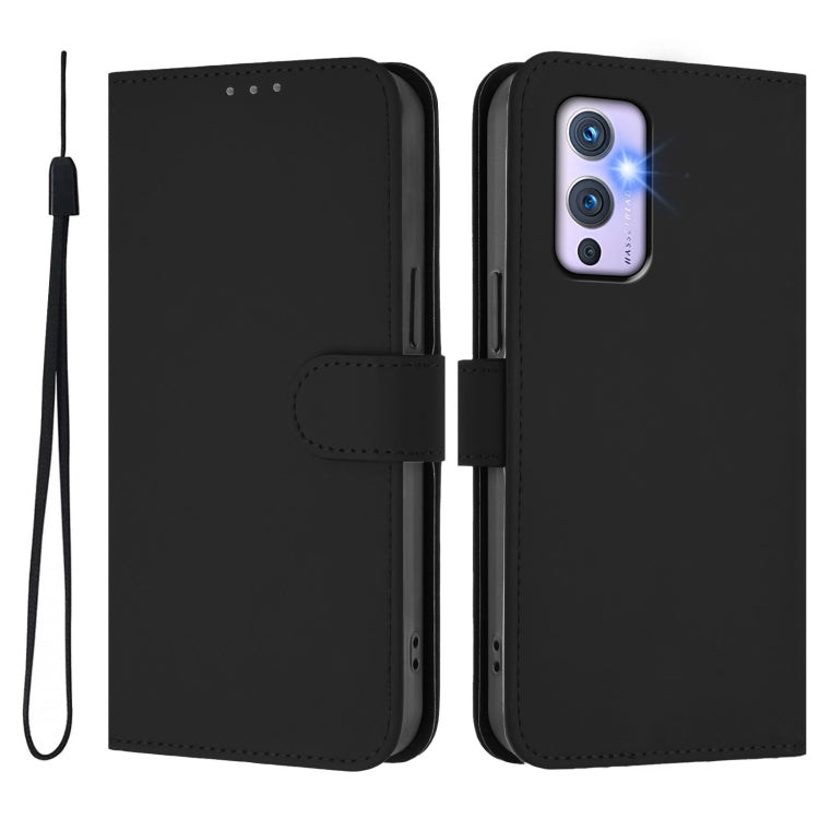 For OnePlus 9 Skin Feel Solid Color Leather Phone Case with Lanyard