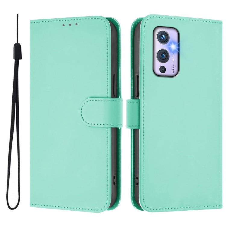 For OnePlus 9 Skin Feel Solid Color Leather Phone Case with Lanyard