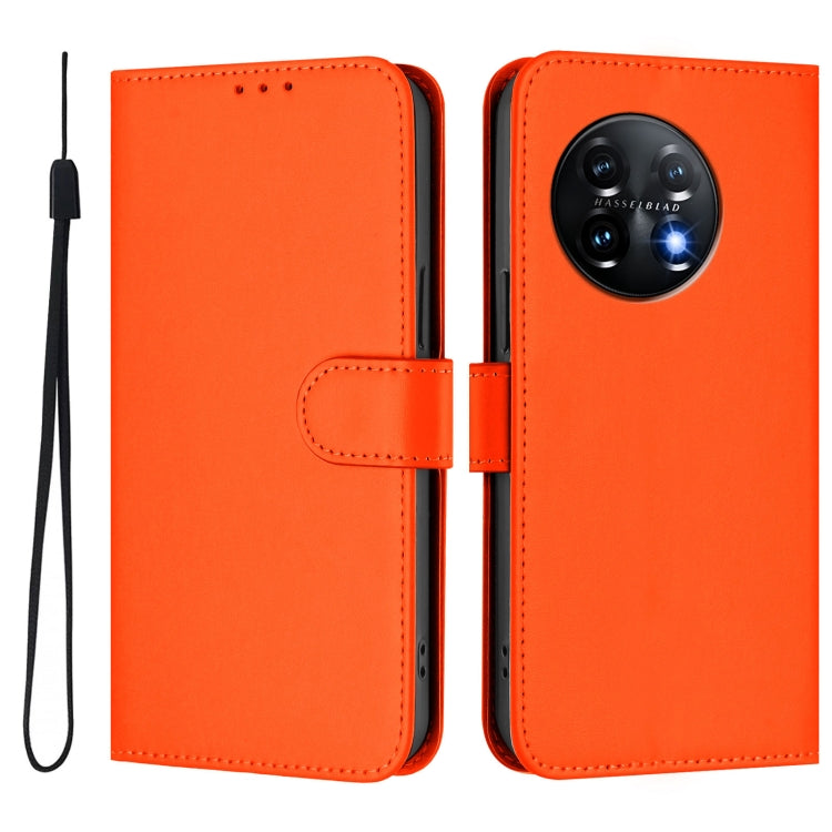 For OnePlus 11 Skin Feel Solid Color Leather Phone Case with Lanyard