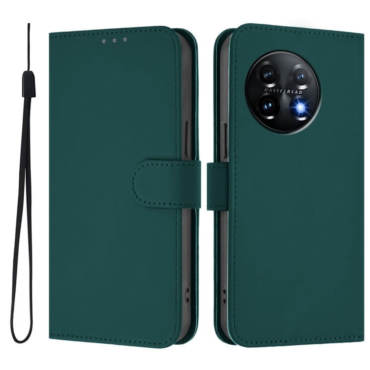 For OnePlus 11 Skin Feel Solid Color Leather Phone Case with Lanyard
