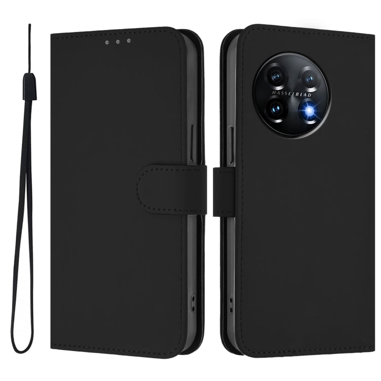 For OnePlus 11 Skin Feel Solid Color Leather Phone Case with Lanyard