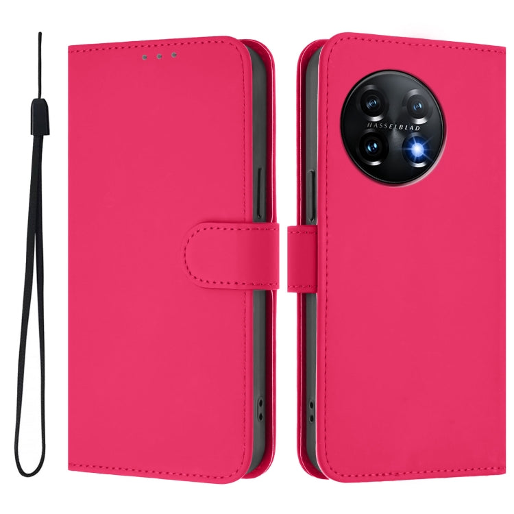 For OnePlus 11 Skin Feel Solid Color Leather Phone Case with Lanyard