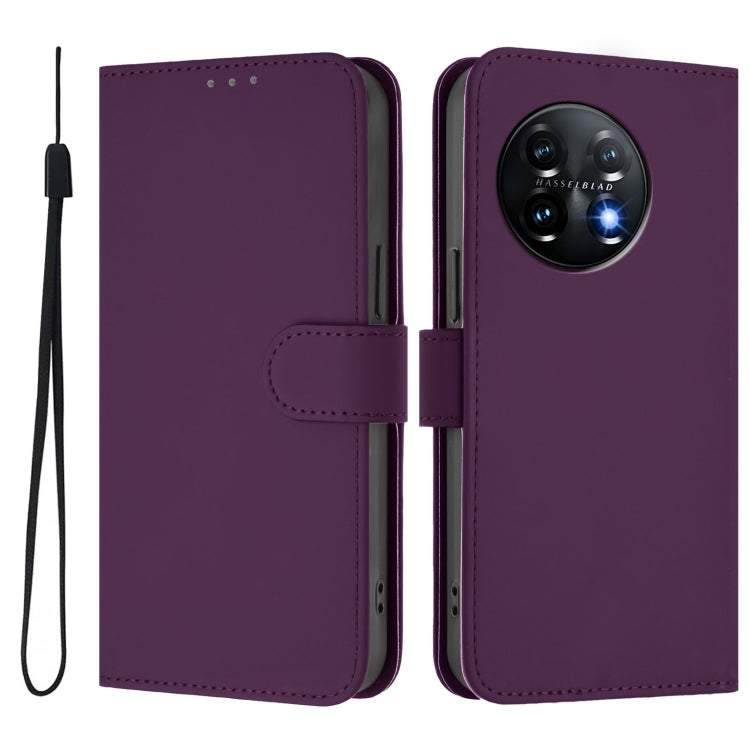 For OnePlus 11 Skin Feel Solid Color Leather Phone Case with Lanyard