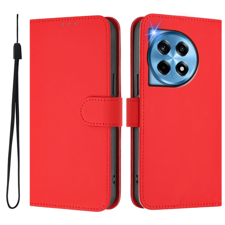 For OnePlus 12 5G Global Skin Feel Solid Color Leather Phone Case with Lanyard