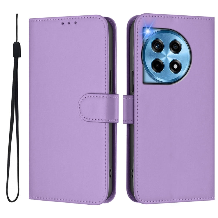 For OnePlus 12 5G Global Skin Feel Solid Color Leather Phone Case with Lanyard