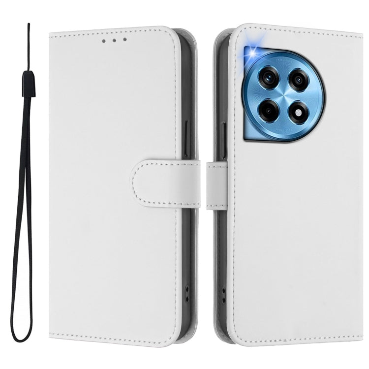 For OnePlus 12 5G Global Skin Feel Solid Color Leather Phone Case with Lanyard