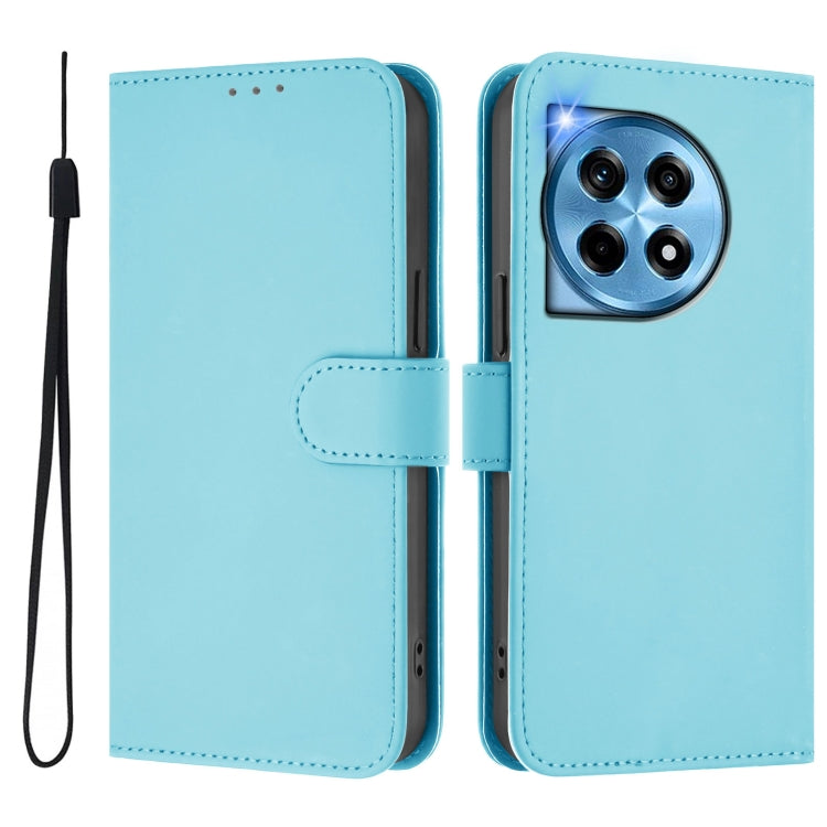 For OnePlus 12 5G Global Skin Feel Solid Color Leather Phone Case with Lanyard