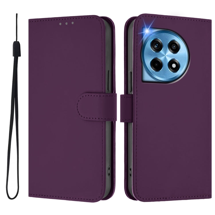 For OnePlus 12 5G Global Skin Feel Solid Color Leather Phone Case with Lanyard