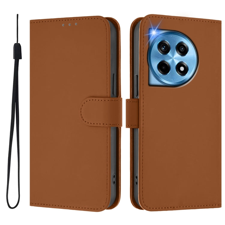 For OnePlus 12R 5G Global Skin Feel Solid Color Leather Phone Case with Lanyard