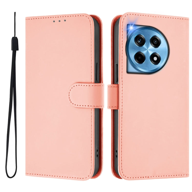 For OnePlus 12R 5G Global Skin Feel Solid Color Leather Phone Case with Lanyard