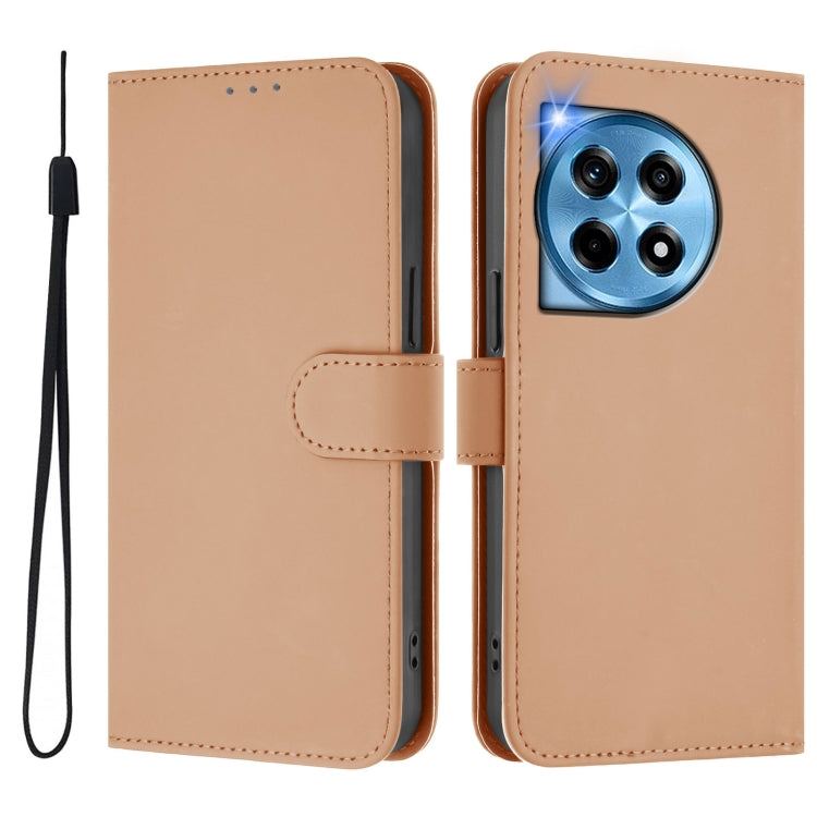 For OnePlus 12R 5G Global Skin Feel Solid Color Leather Phone Case with Lanyard