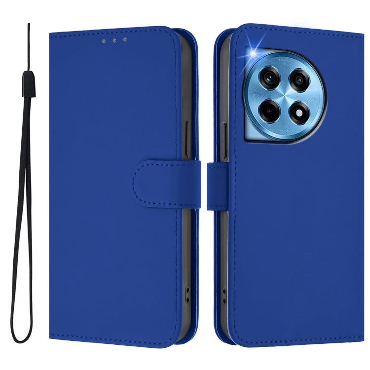 For OnePlus 12R 5G Global Skin Feel Solid Color Leather Phone Case with Lanyard