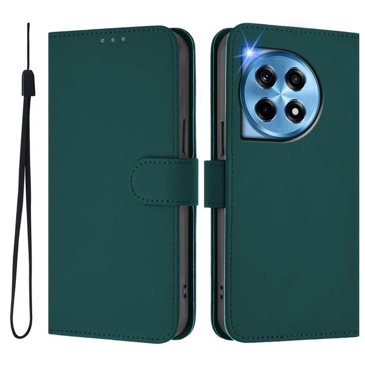 For OnePlus 12R 5G Global Skin Feel Solid Color Leather Phone Case with Lanyard