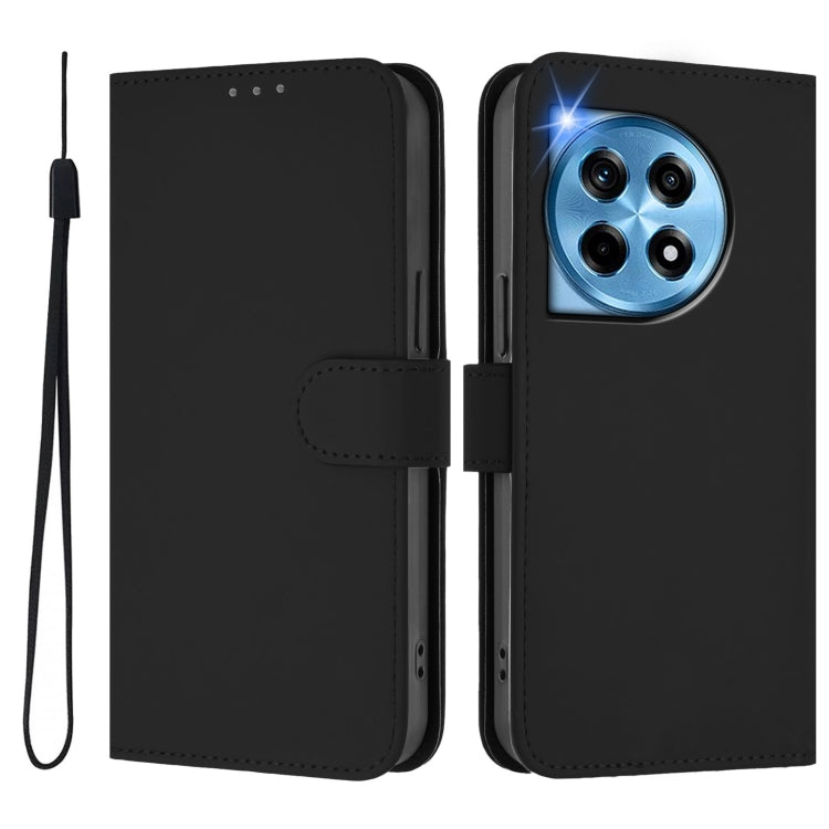 For OnePlus 12R 5G Global Skin Feel Solid Color Leather Phone Case with Lanyard