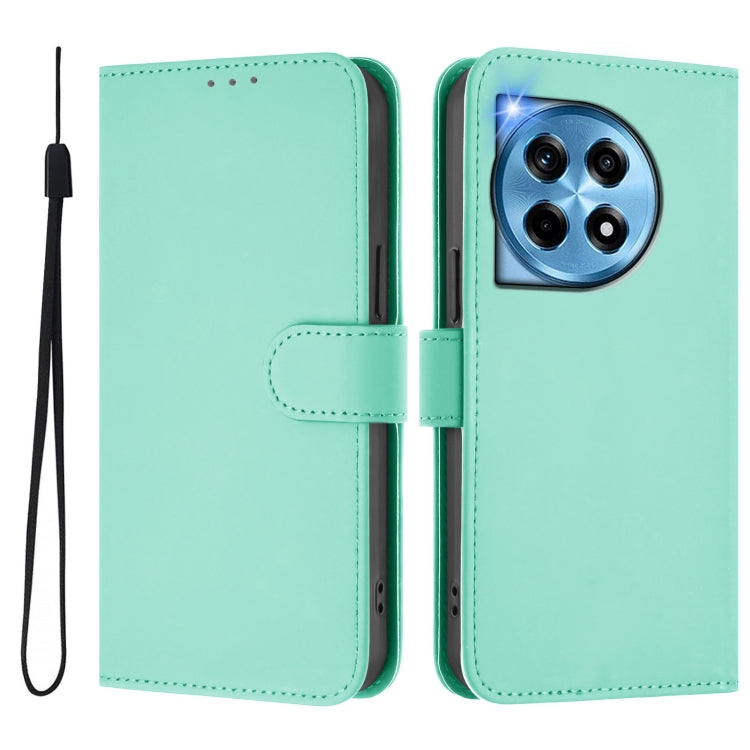 For OnePlus 12R 5G Global Skin Feel Solid Color Leather Phone Case with Lanyard