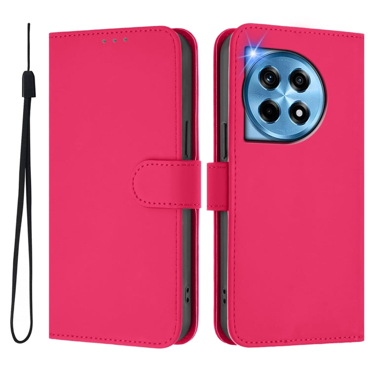 For OnePlus 12R 5G Global Skin Feel Solid Color Leather Phone Case with Lanyard