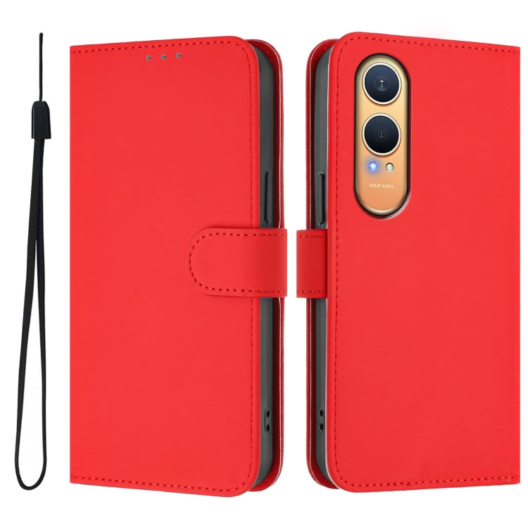 For OnePlus Nord CE4 Lite 5G Global Skin Feel Solid Color Leather Phone Case with Lanyard