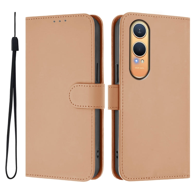 For OnePlus Nord CE4 Lite 5G Global Skin Feel Solid Color Leather Phone Case with Lanyard