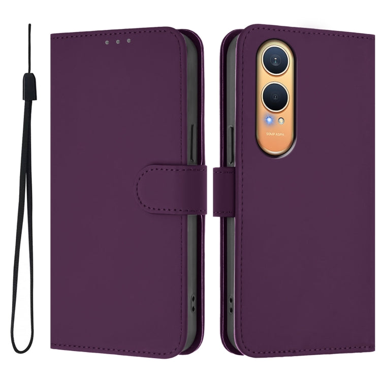 For OnePlus Nord CE4 Lite 5G Global Skin Feel Solid Color Leather Phone Case with Lanyard