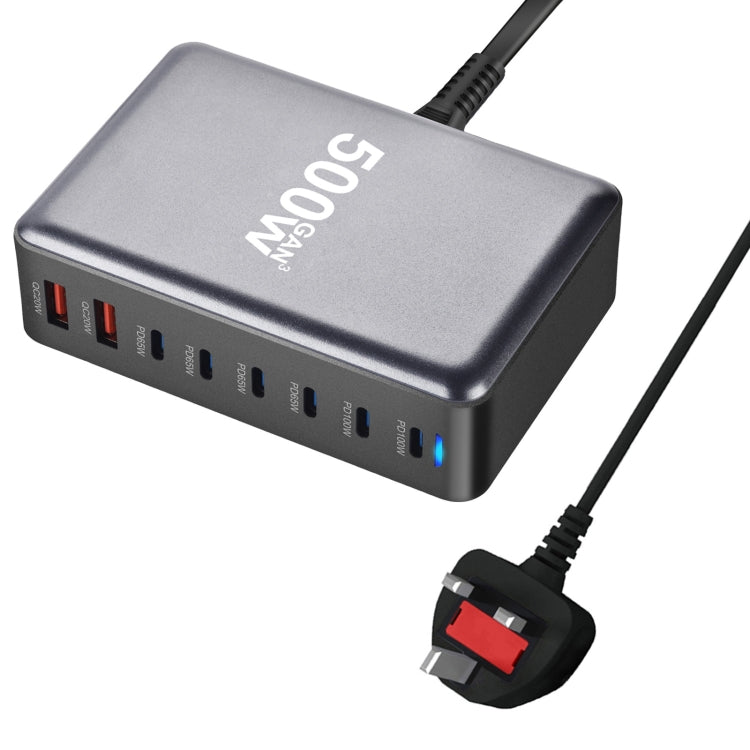 500W GaN 6 Type-C 2 USB Multi Ports Sharing Desktop Charger, Plug:UK Plug