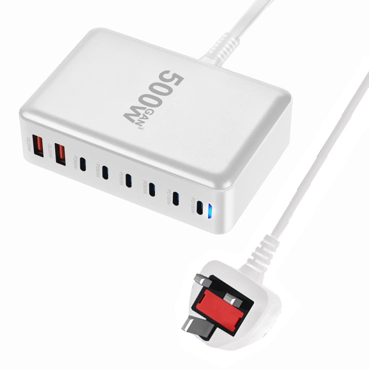500W GaN 6 Type-C 2 USB Multi Ports Sharing Desktop Charger, Plug:UK Plug