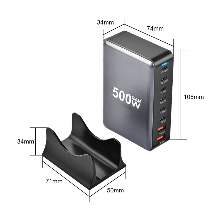 500W GaN 6 Type-C 2 USB Multi Ports Sharing Desktop Charger, Plug:UK Plug