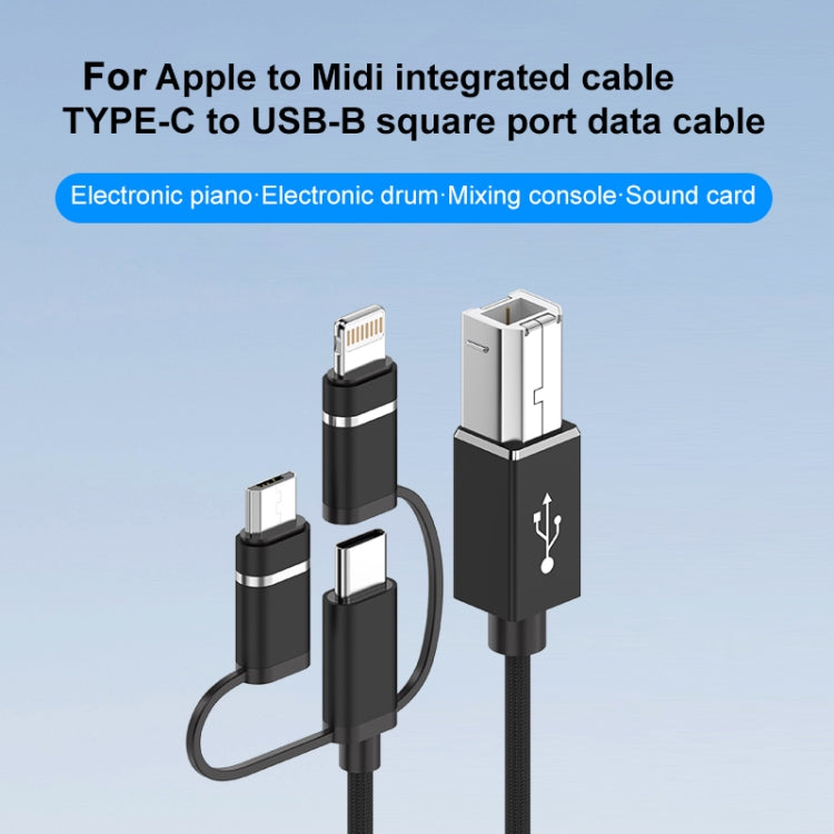 3 in 1 8 Pin, Type-C, Micro USB to USB-B MIDI Instruments Printer Cable, Length: 1m, Length:1m