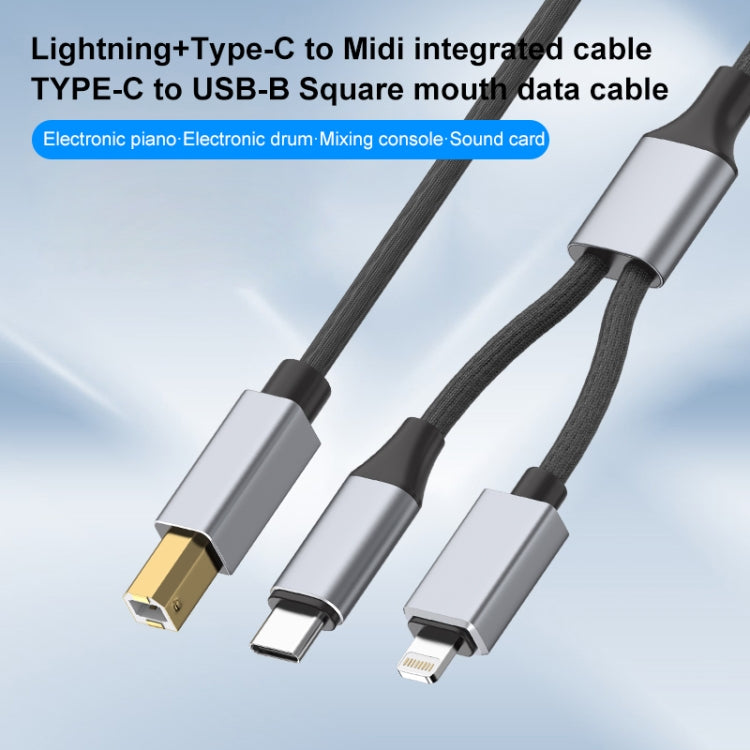 2 in 1 Type-C and 8 Pin to USB-B MIDI Instruments Printer Cable, Length: 1m, Length:1m