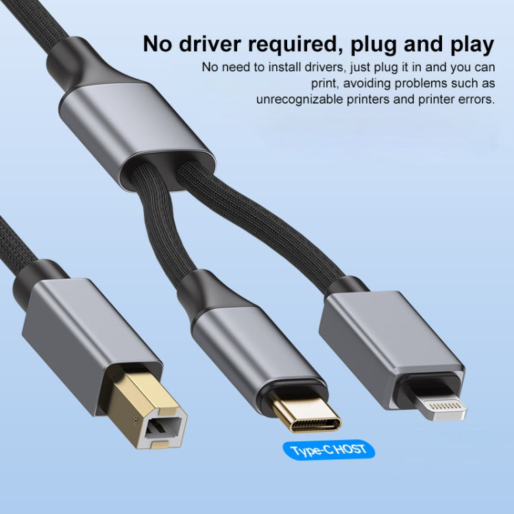 2 in 1 Type-C and 8 Pin to USB-B MIDI Instruments Printer Cable, Length: 1m, Length:1m