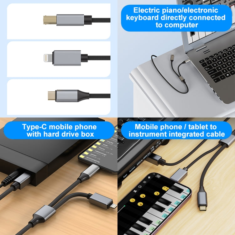 2 in 1 Type-C and 8 Pin to USB-B MIDI Instruments Printer Cable, Length: 1m, Length:1m