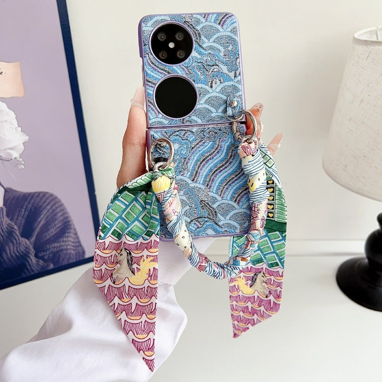 For Huawei P50 Pocket Propitious Clouds Embroidery Full Coverage Phone Case with Scarf / Bracelet