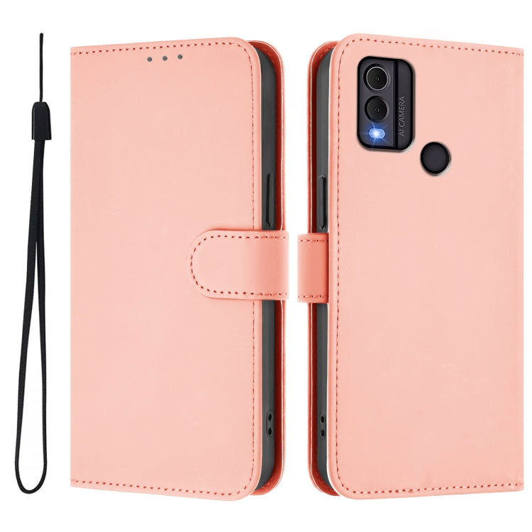 For Nokia C22 Skin Feel Solid Color Leather Phone Case with Lanyard