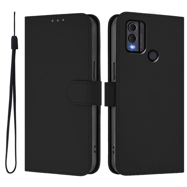 For Nokia C22 Skin Feel Solid Color Leather Phone Case with Lanyard