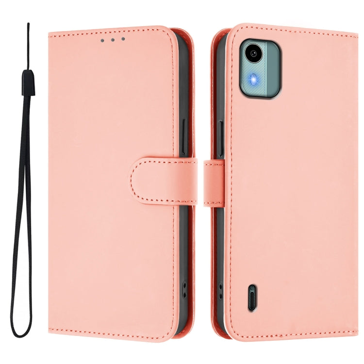 For Nokia C12 Skin Feel Solid Color Leather Phone Case with Lanyard