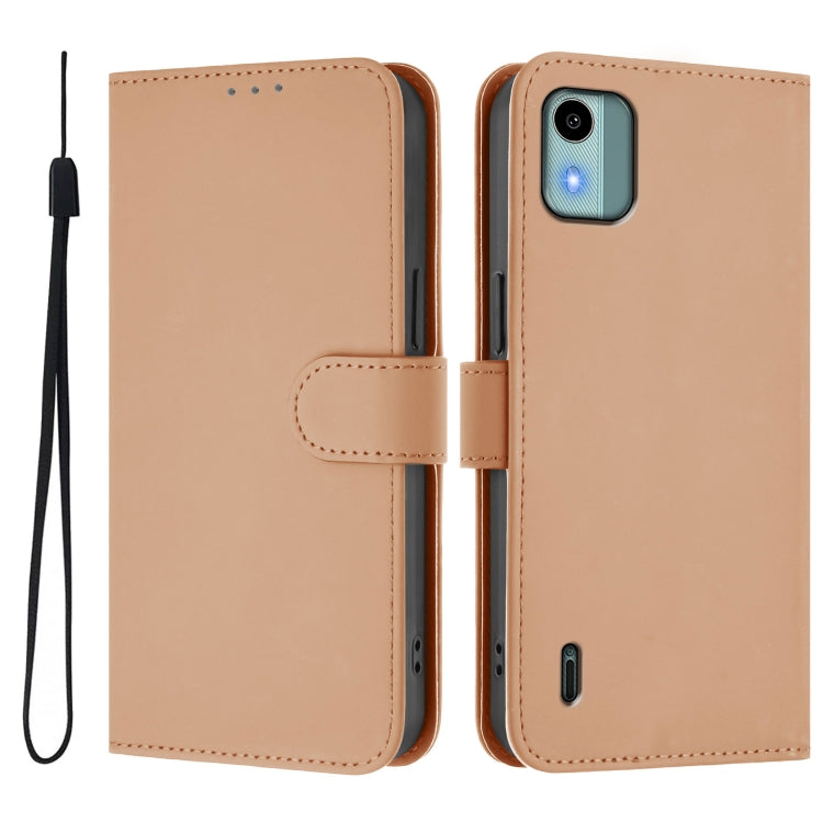 For Nokia C12 Skin Feel Solid Color Leather Phone Case with Lanyard