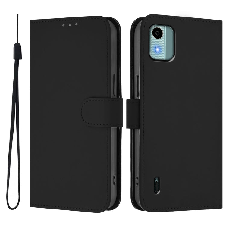 For Nokia C12 Skin Feel Solid Color Leather Phone Case with Lanyard