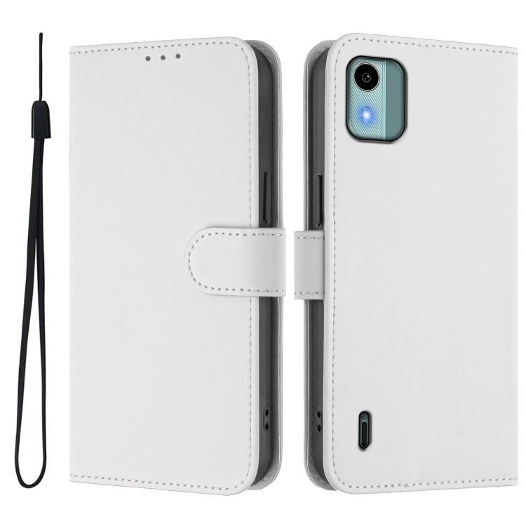 For Nokia C12 Skin Feel Solid Color Leather Phone Case with Lanyard