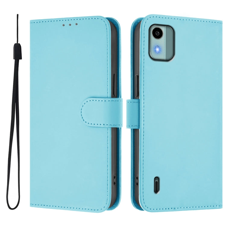 For Nokia C12 Skin Feel Solid Color Leather Phone Case with Lanyard
