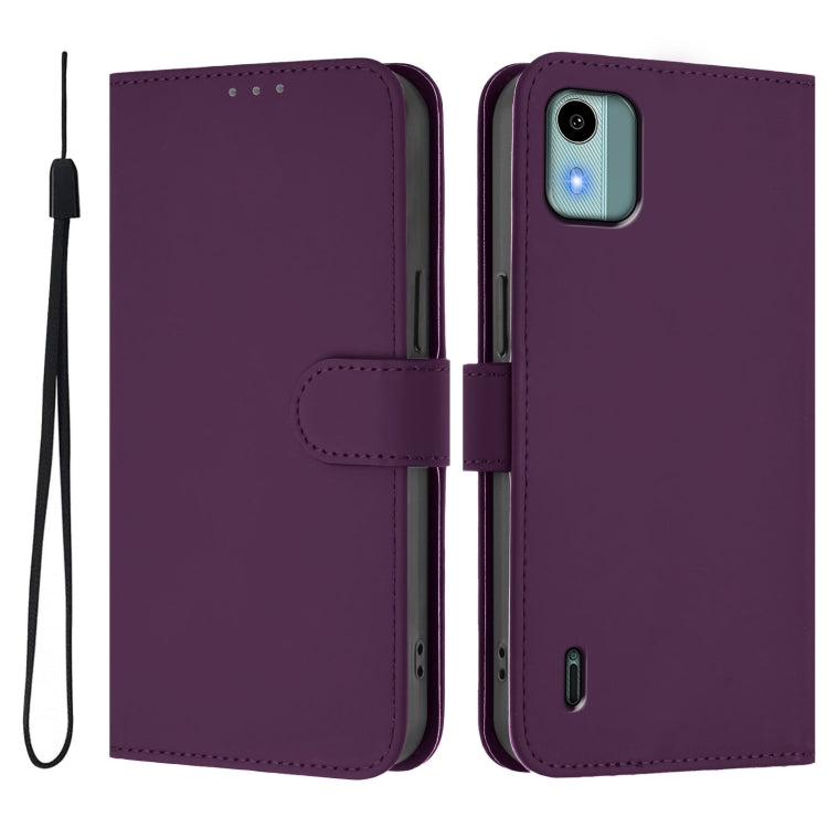 For Nokia C12 Skin Feel Solid Color Leather Phone Case with Lanyard