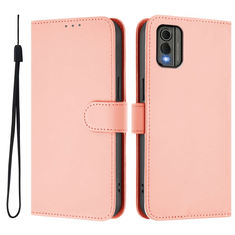 For Nokia C32 Skin Feel Solid Color Leather Phone Case with Lanyard