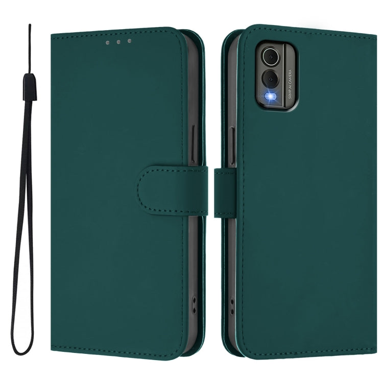 For Nokia C32 Skin Feel Solid Color Leather Phone Case with Lanyard